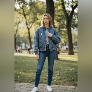 Vintage Mod Maid Jacket Womens Large Blue Denim Bomber Floral Embroidered 90s